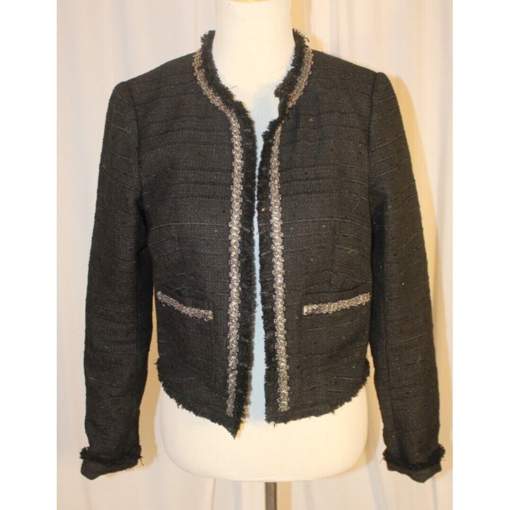 Forever 21 SMALL black tweed blazer cropped jacket silver bead trim sequins